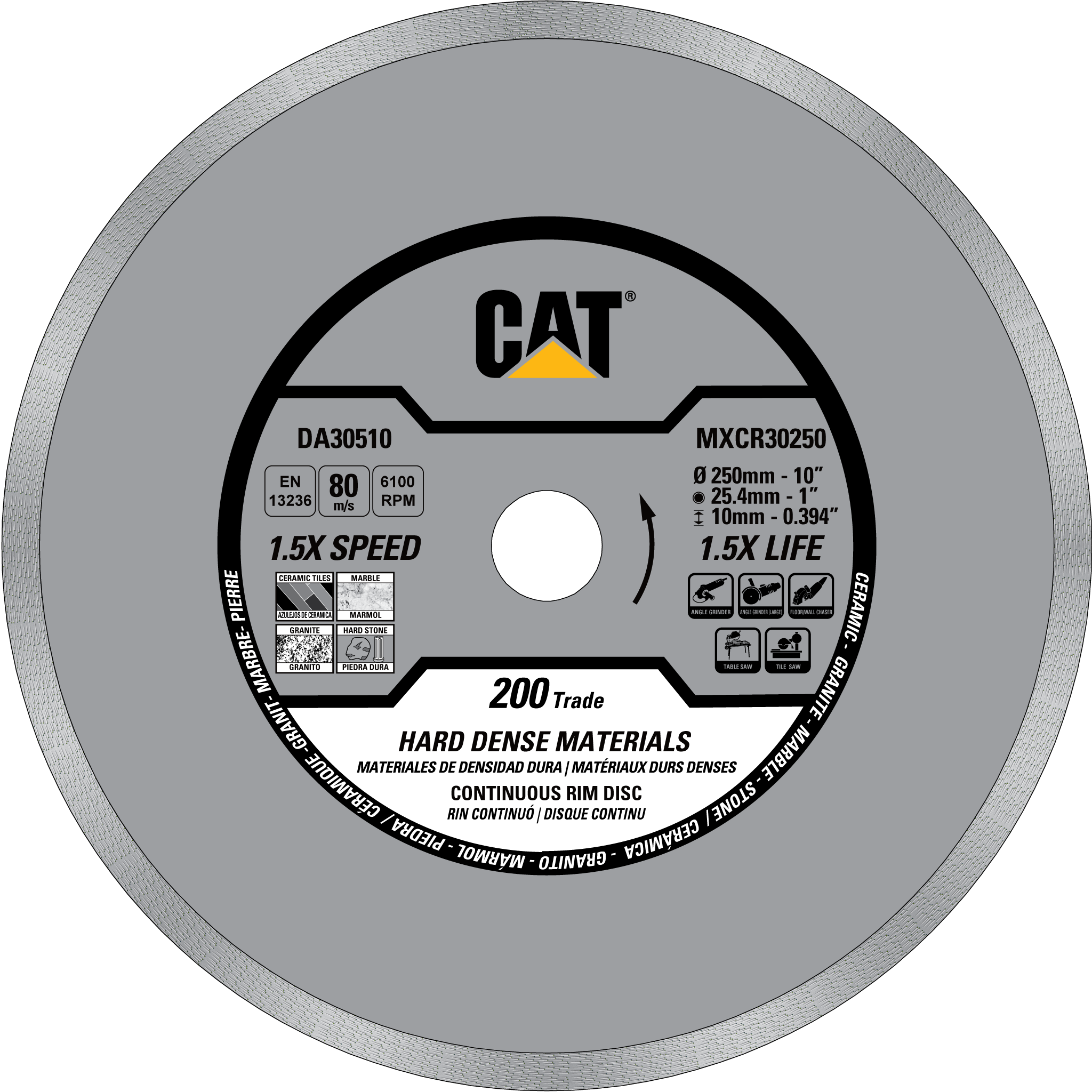 Caterpillar, Cat® 200 Trade Continuous Rim Ceramic / Porcelain Tiles Diamond Blade 10" - 250mm