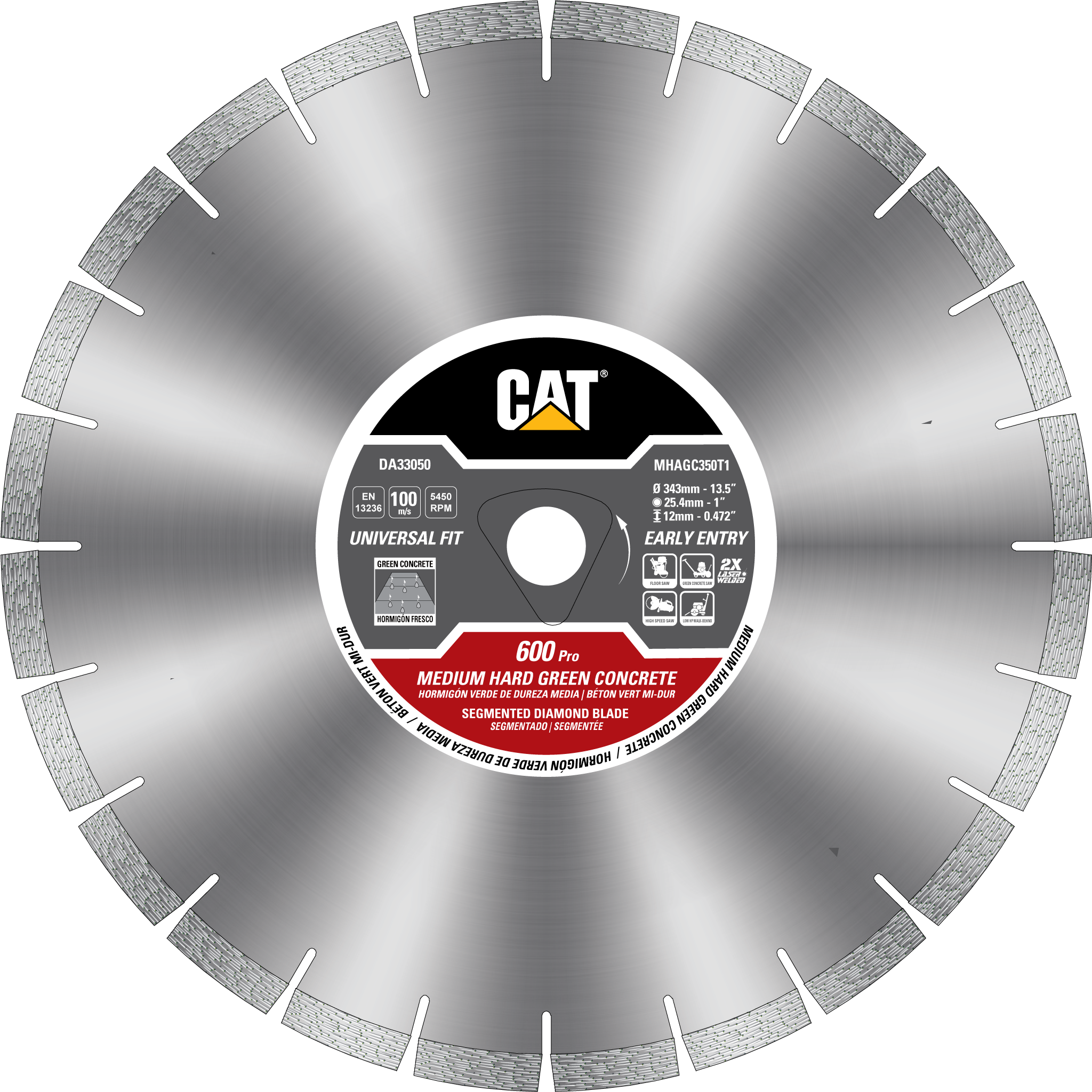 Caterpillar, Cat® 600 Pro Early Entry MEDIUM/HARD Aggregate Silent Green Concrete Diamond Blade 6 3/8" - 162mm RED