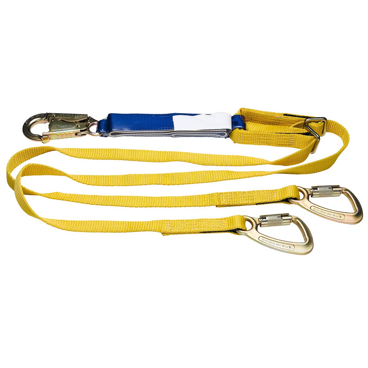 American Ladders & Scaffolds, DeCoil TwinLeg Lanyard (1" web, Snaphook and 3/4" Carabiners)-6' Adj