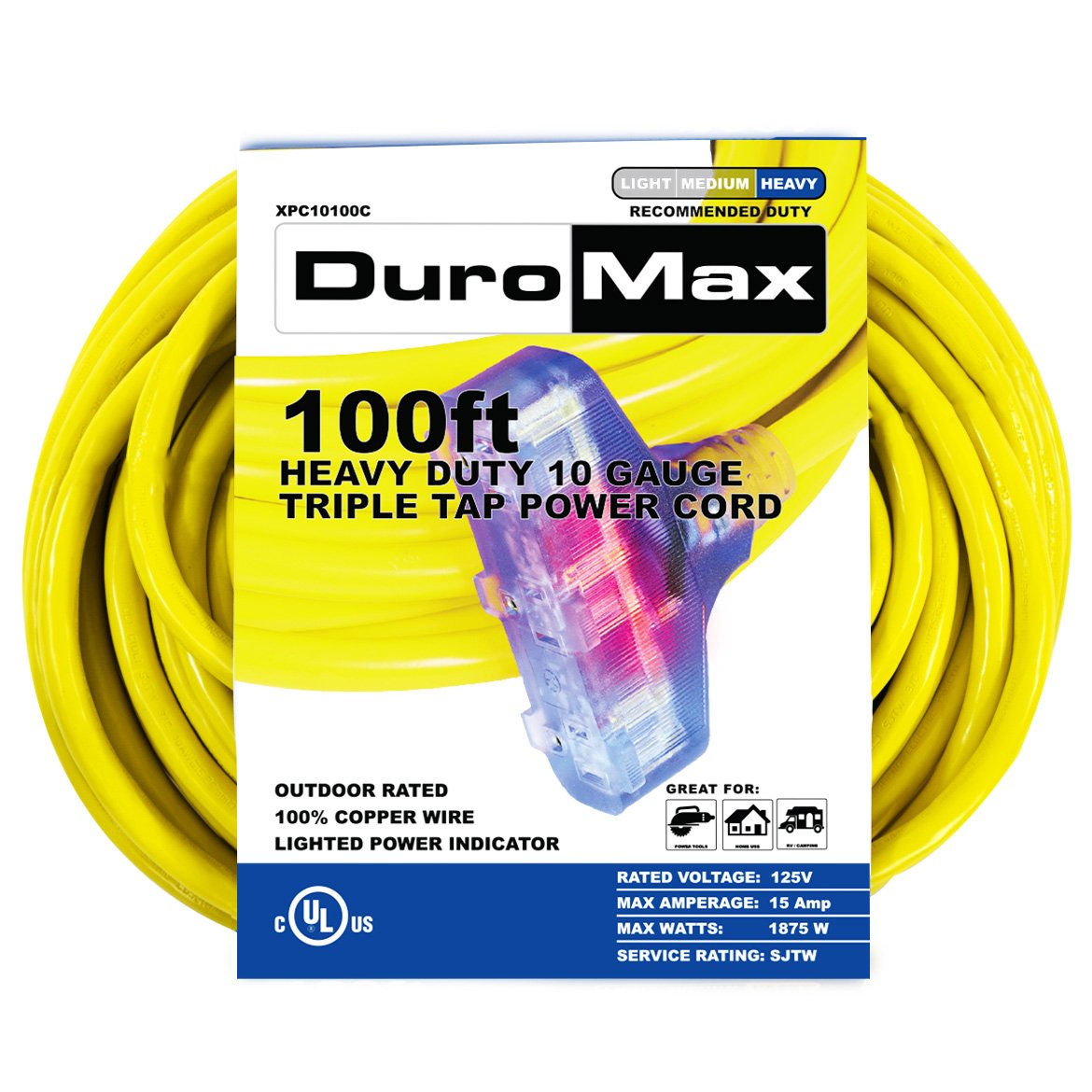 DuroMax, DuroMax XPC10100C 100-Foot 10 Gauge Triple Tap Extension Power Cord