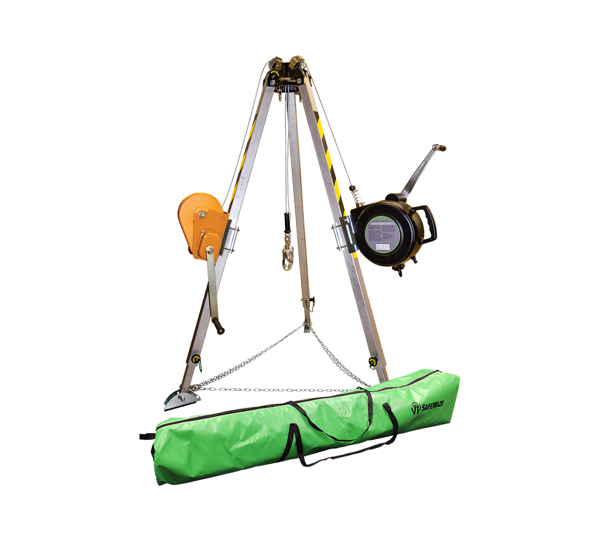 American Ladders & Scaffolds, Safewaze 7’ Adjustable Tripod Kit with 65’ 3-Way, 65’ Material Winch, and Storage Bag